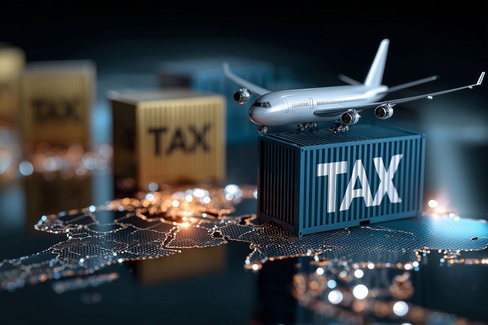 A model airplane rests on a cargo container labeled "TAX," situated on a digital map. Nearby, other containers also labeled "TAX" create an international trading context.