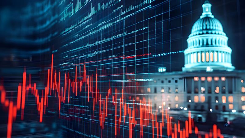 A fluctuating red financial graph overlays a digital cityscape with an illuminated dome building, suggesting economic analysis in a political context.