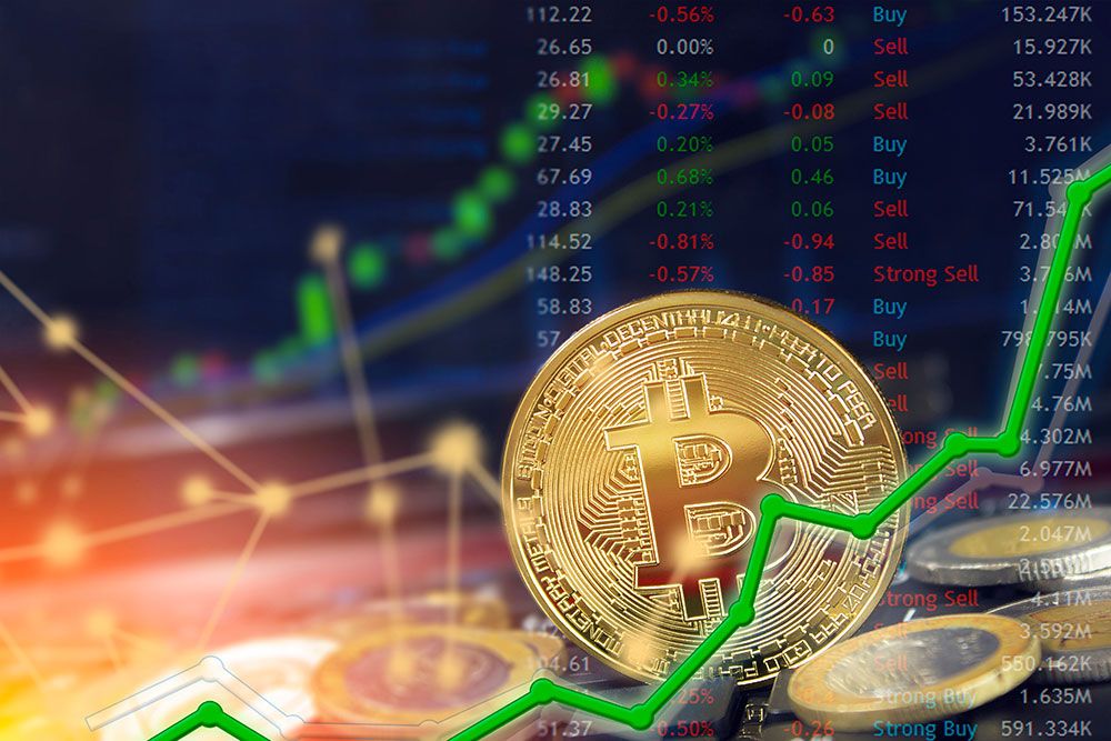 Crypto currency graphic with craphs and trend lines around a bitcoin
