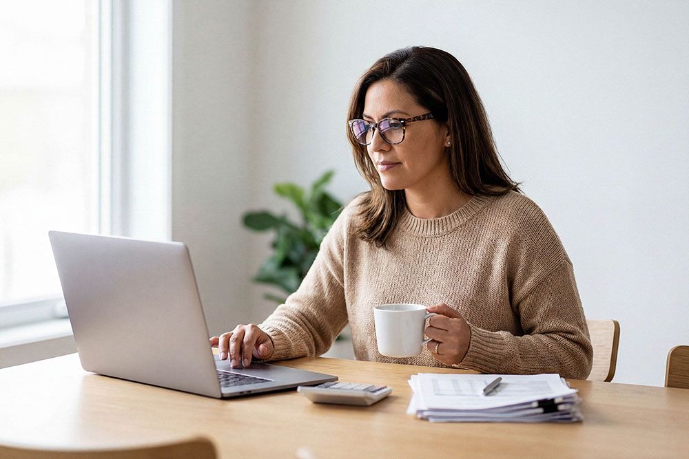 A person in a sweater sits at a table using a laptop, holding a coffee cup. Papers, a calculator, and a pen are nearby in a bright, well-lit room with a plant.