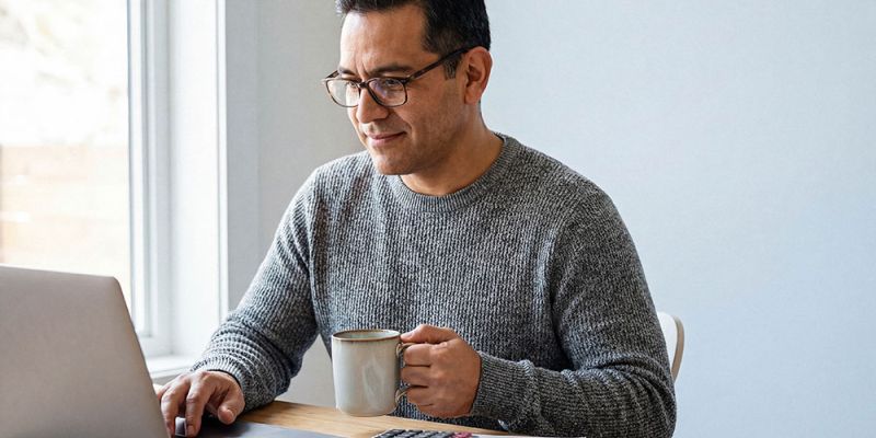 Man with glasses in a gray knit sweater works on a laptop at a wooden desk, holding a mug beside papers and a calculator.