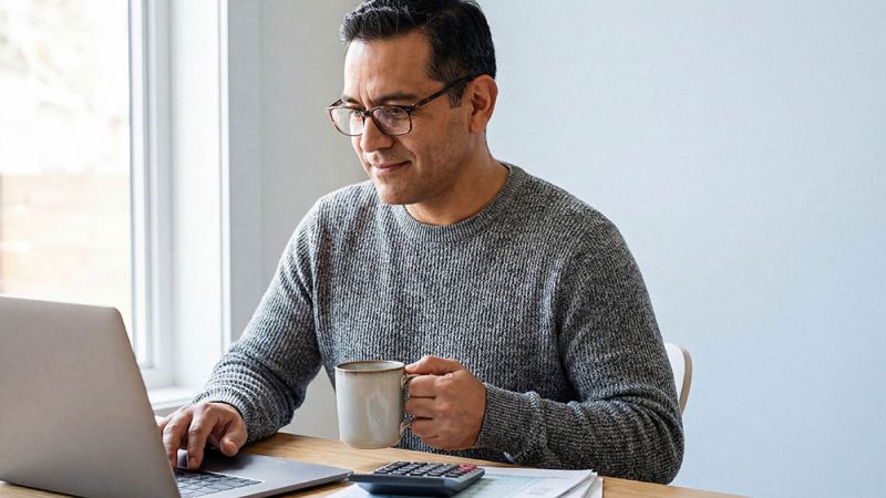 Man with glasses in a gray knit sweater works on a laptop at a wooden desk, holding a mug beside papers and a calculator.