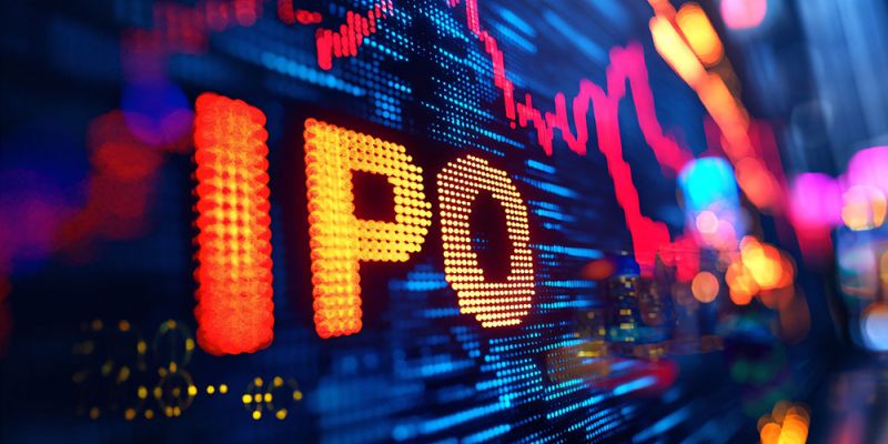 Bright digital stock board reading IPO in orange, with blue grid and red price charts.