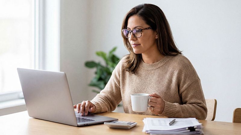 A person in a sweater sits at a table using a laptop, holding a coffee cup. Papers, a calculator, and a pen are nearby in a bright, well-lit room with a plant.