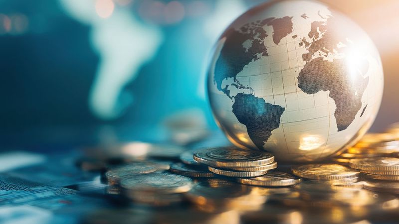 Globe resting on stacked coins, symbolizing global finance and economies in motion