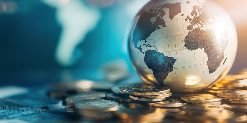 Globe resting on stacked coins, symbolizing global finance and economies in motion